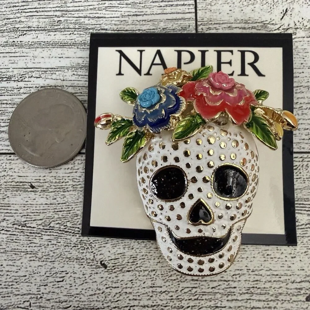 NAPIER DAY Of The DEAD Dia De Los Muertos Sugar SKULL Flowers Crown PIN BROOCH